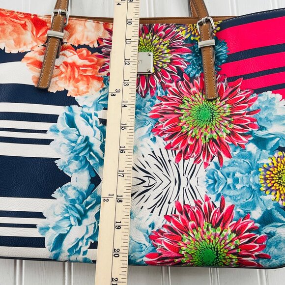 Nine West Floral Stripe Tote Bag With Brown Handles & Interior Pockets - Picture 7 of 8